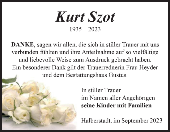 Traueranzeige von Kurt Szot von Volksstimme Halberstadt