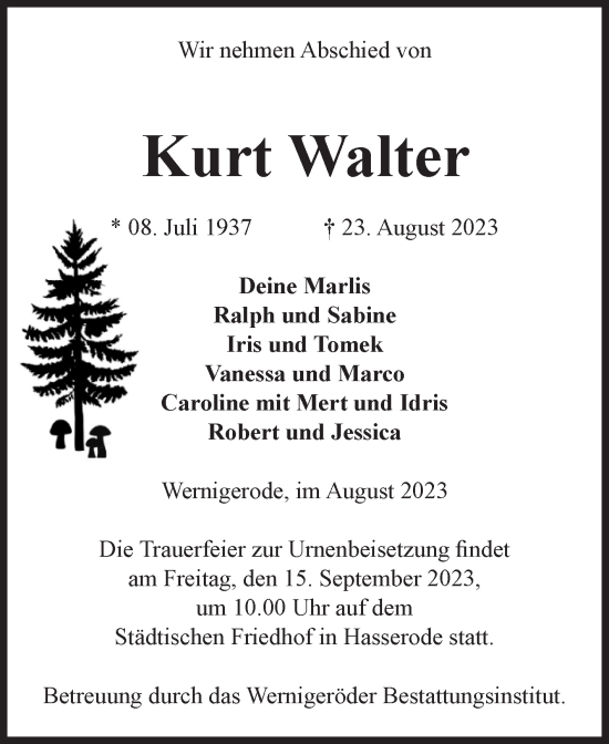 Traueranzeige von Kurt Walter von Volksstimme Wernigerode