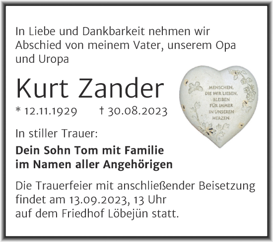 Traueranzeige von Kurt Zander von Mitteldeutsche Zeitung Halle/Saalkreis
