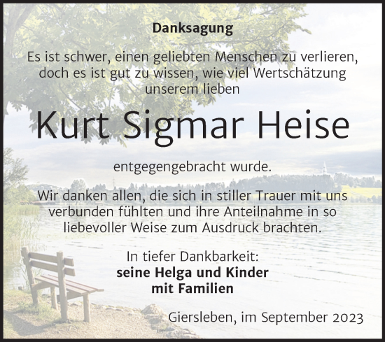 Traueranzeige von Kurt Sigmar Heise von Trauerkombi Aschersleben