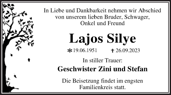 Traueranzeige von Lajos Silye von Trauerkombi Wittenberg