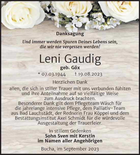 Traueranzeige von Leni Gaudig von Wochenspiegel Naumburg/Nebra