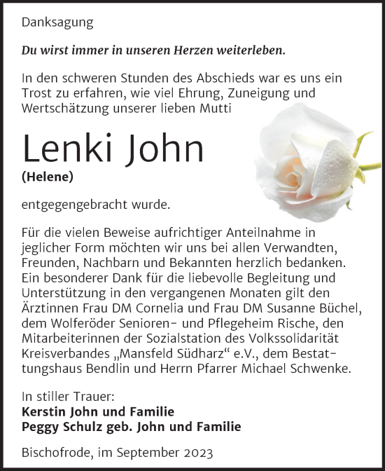 Traueranzeige von Lenki John von Trauerkombi Mansfelder Land