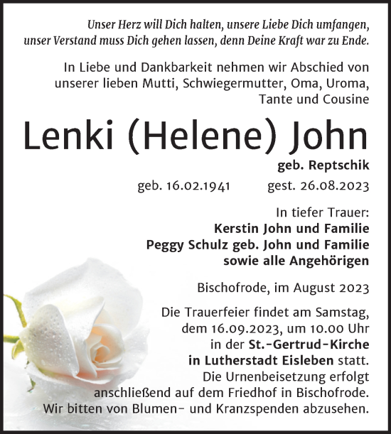 Traueranzeige von Lenki John von Wochenspiegel Mansfelder Land