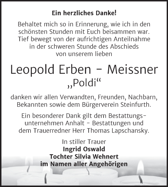 Traueranzeige von Leopold Erben-Meissner von Trauerkombi Bitterfeld