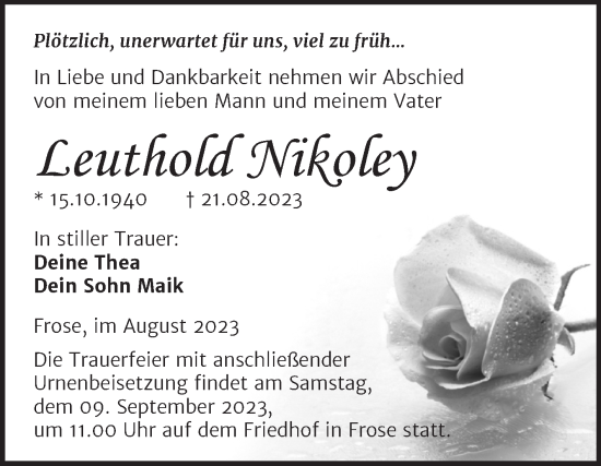 Traueranzeige von Leuthold Nikoley von Trauerkombi Aschersleben