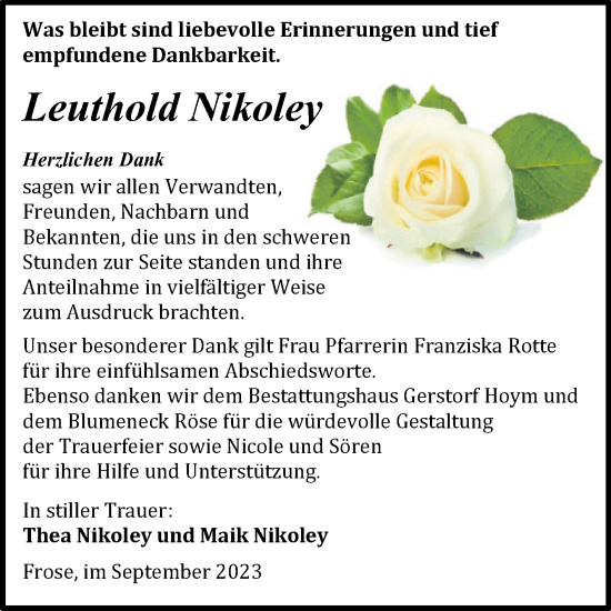 Traueranzeige von Leuthold Nikoley von Trauerkombi Aschersleben