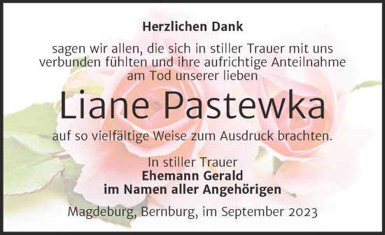 Traueranzeige von Liane Pastewka von Trauerkombi Bernburg