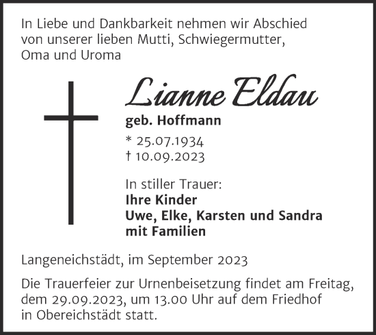 Traueranzeige von Lianne Eldau von Trauerkombi Merseburg