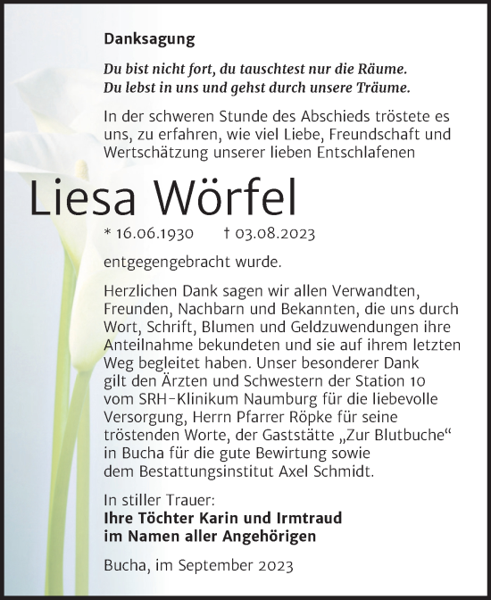 Traueranzeige von Liesa Wörfel von Wochenspiegel Naumburg/Nebra