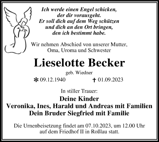 Traueranzeige von Lieselotte Becker von Trauerkombi Dessau