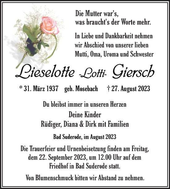 Traueranzeige von Lieselotte Giersch von Trauerkombi Quedlinburg