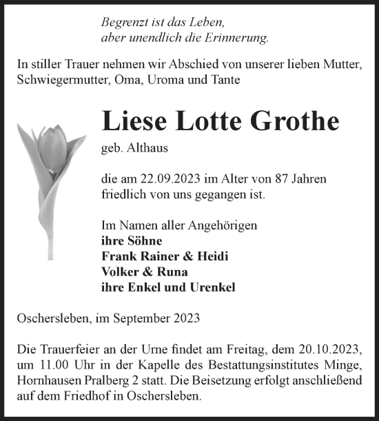 Traueranzeige von Liese Lotte Grothe von Volksstimme Oschersleben/Wanzleben