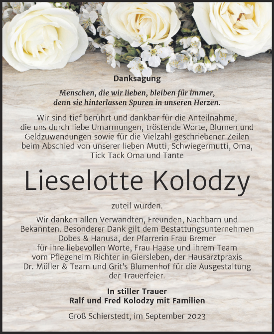 Traueranzeige von Lieselotte Kolodzy von Trauerkombi Aschersleben