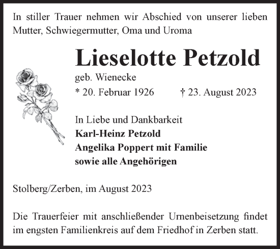 Traueranzeige von Lieselotte Petzold von Volksstimme Burg/Genthin