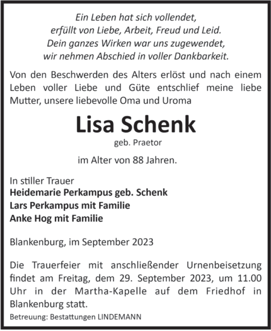 Traueranzeige von Lisa Schenk von Volksstimme Wernigerode