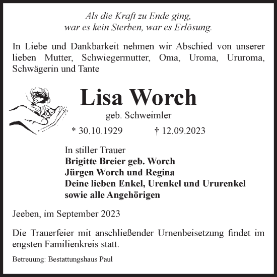 Traueranzeige von Lisa Worch von Volksstimme Altmark West