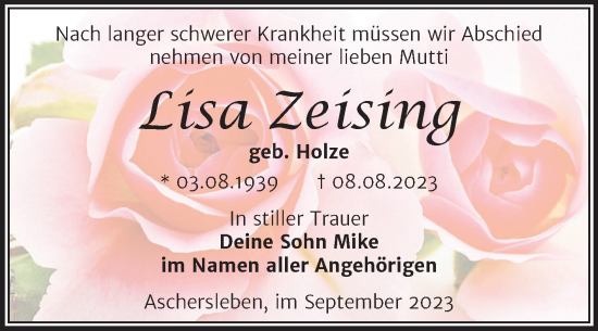 Traueranzeige von Lisa Zeising von Trauerkombi Aschersleben