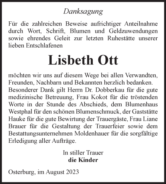 Traueranzeige von Lisbeth Ott von Volksstimme Altmark Ost