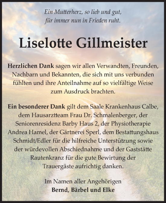 Traueranzeige von Liselotte Gillmeister von Volksstimme Schönebeck