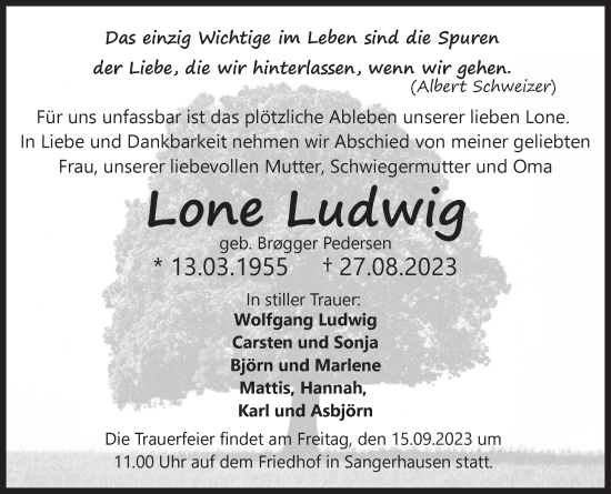 Traueranzeige von Lone Ludwig von Mitteldeutsche Zeitung Sangerhausen