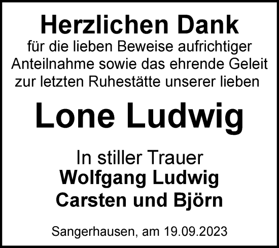 Traueranzeige von Lone Ludwig von Mitteldeutsche Zeitung Sangerhausen