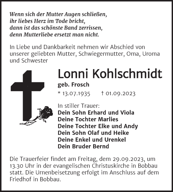 Traueranzeige von Lonni Kohlschmidt von Trauerkombi Bitterfeld