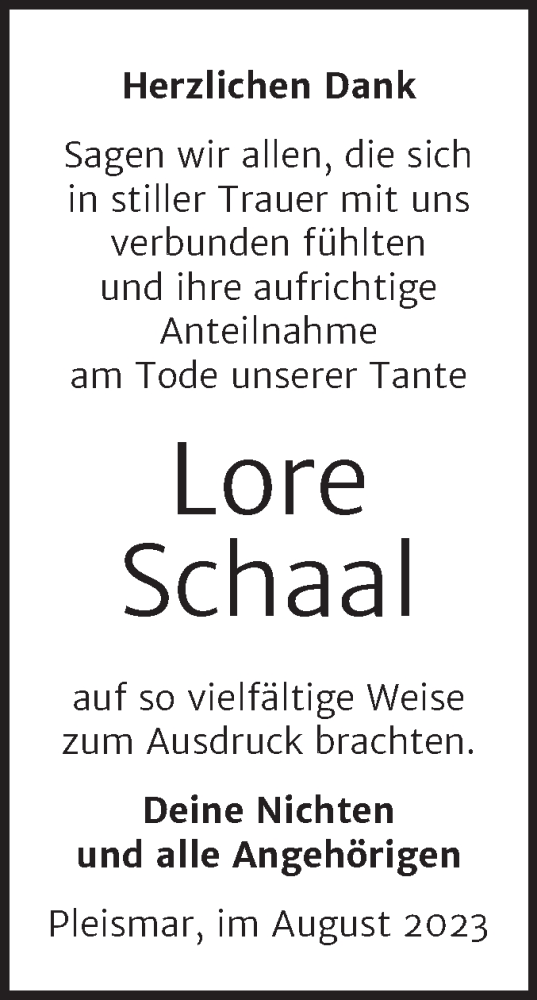 Traueranzeige von Lore Schaal von Wochenspiegel Naumburg/Nebra