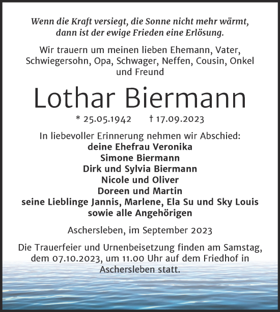 Traueranzeige von Lothar Biermann von Trauerkombi Aschersleben