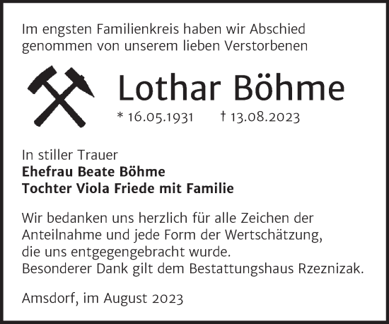 Traueranzeige von Lothar Böhme von Trauerkombi Mansfelder Land