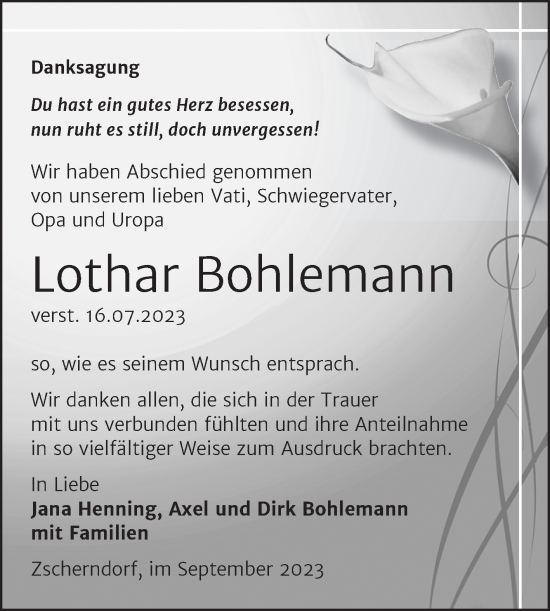 Traueranzeige von Lothar Bohlemann von Trauerkombi Bitterfeld