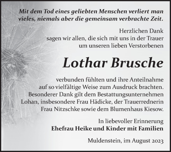 Traueranzeige von Lothar Brusche von Trauerkombi Bitterfeld