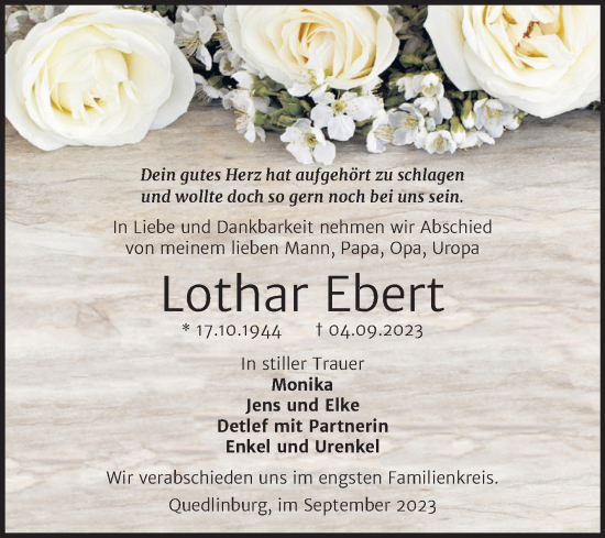 Traueranzeige von Lothar Ebert von Trauerkombi Quedlinburg
