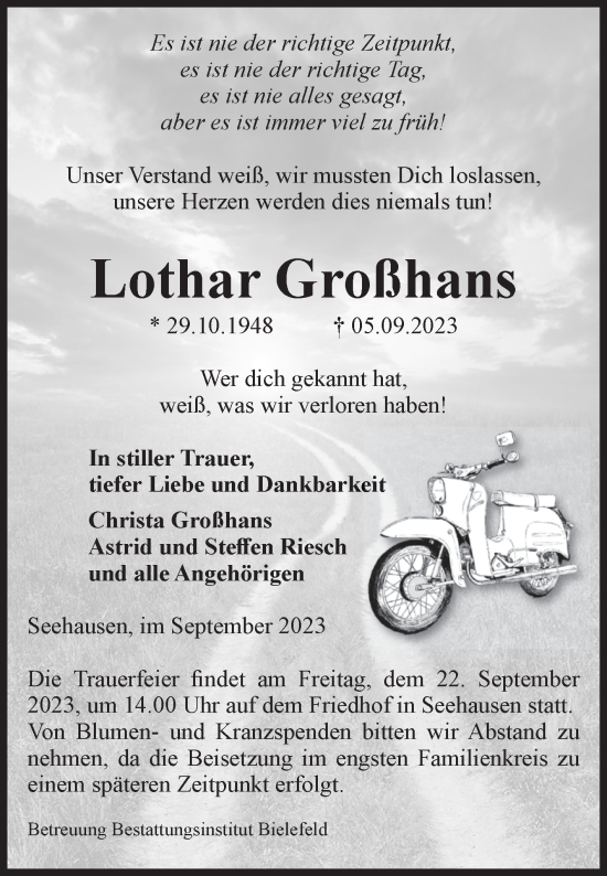 Traueranzeige von Lothar Großhans von Volksstimme Altmark Ost