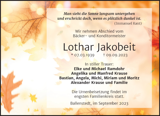 Traueranzeige von Lothar Jakobeit von Trauerkombi Quedlinburg
