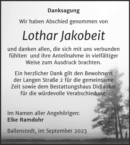 Traueranzeige von Lothar Jakobeit von Trauerkombi Quedlinburg
