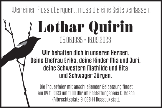 Traueranzeige von Lothar Quirin von Mitteldeutsche Zeitung Dessau-Roßlau