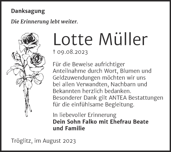 Traueranzeige von Lotte Müller von Trauerkombi Zeitz