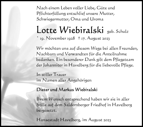 Traueranzeige von Lotte Wiebiralski von Volksstimme Altmark Ost