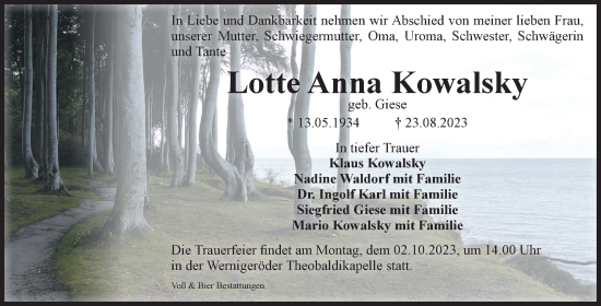 Traueranzeige von Lotte Anna Kowalsky von Volksstimme Wernigerode