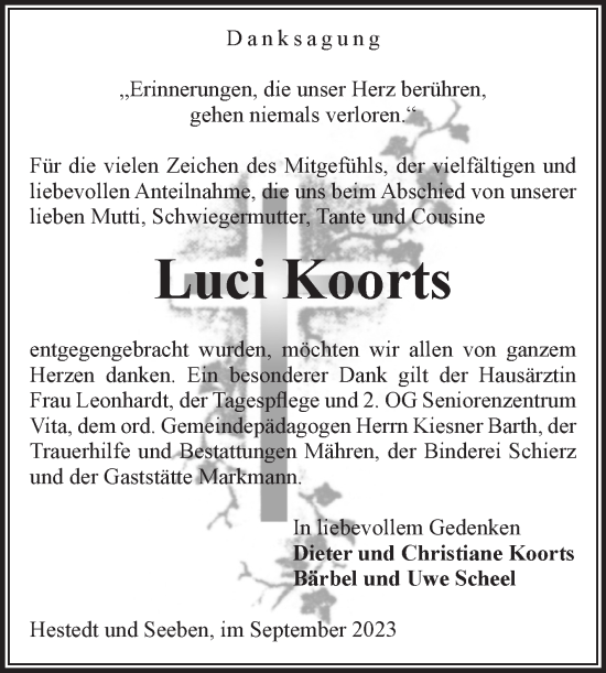 Traueranzeige von Luci Koorts von Volksstimme Altmark West