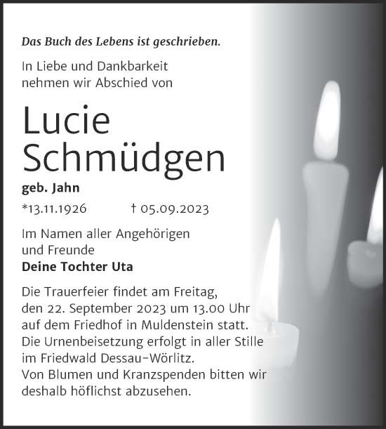 Traueranzeige von Lucie Schmüdgen von Trauerkombi Bitterfeld