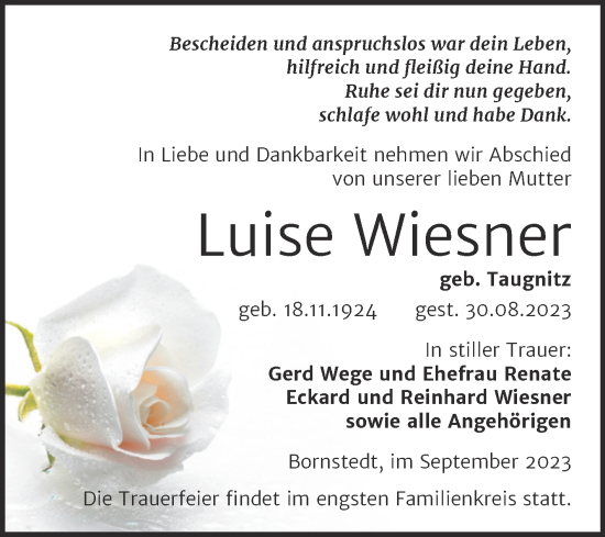 Traueranzeige von Luise Wiesner von Trauerkombi Mansfelder Land