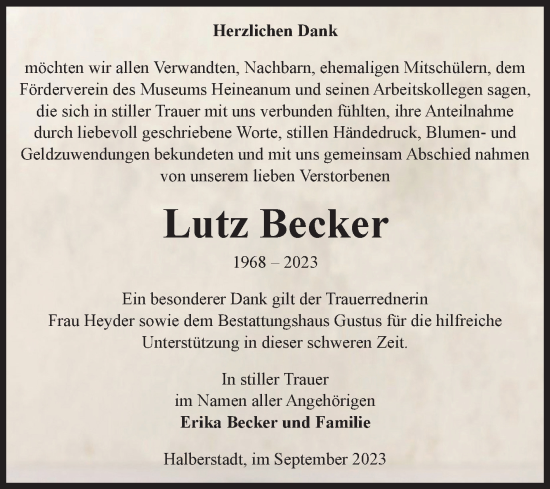 Traueranzeige von Lutz Becker von Volksstimme Halberstadt