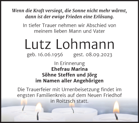 Traueranzeige von Lutz Lohmann von Trauerkombi Bitterfeld