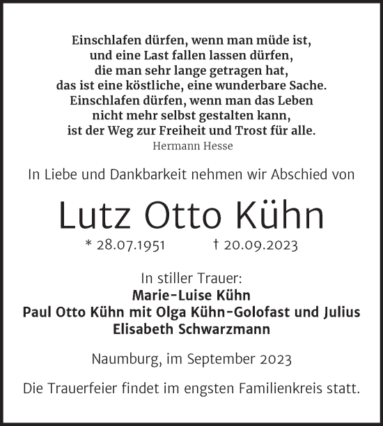 Traueranzeige von Lutz Otto Kühn von Naumburger Tageblatt