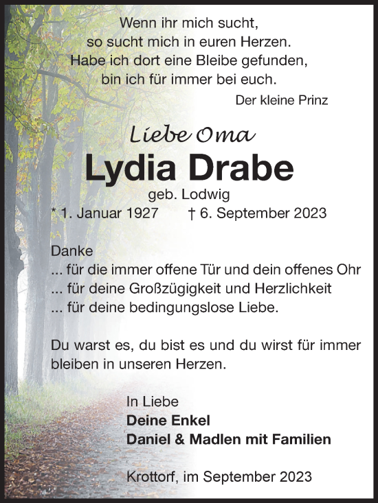 Traueranzeige von Lydia Drabe von Volksstimme Oschersleben/Wanzleben