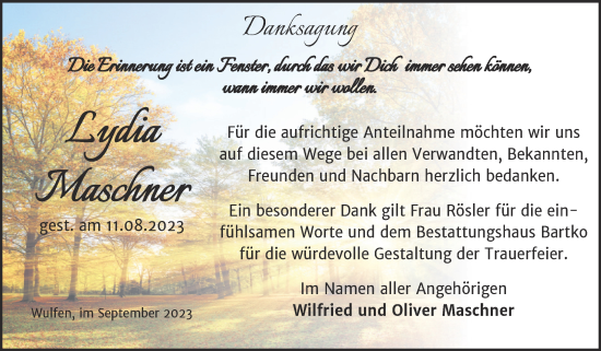 Traueranzeige von Lydia Maschner von Trauerkombi Köthen