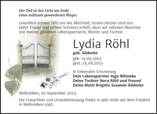 Traueranzeige von Lydia Röhl von Trauerkombi Mansfelder Land