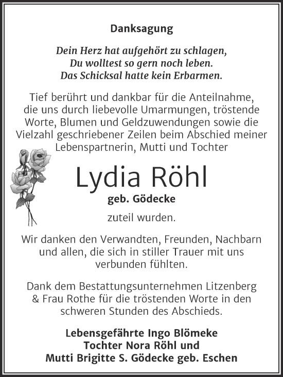 Traueranzeige von Lydia Röhl von Trauerkombi Mansfelder Land